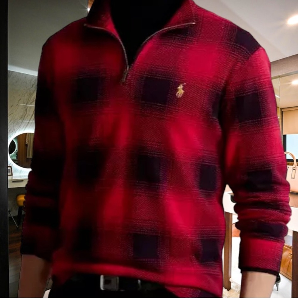 POLO RALPH LAUREN L/S Estate Rib 1/4 Zip ~Red Plaid~XXL